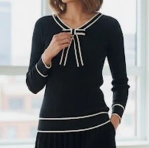 Talbots Black And White Striped Bow V-Neck Sweater
